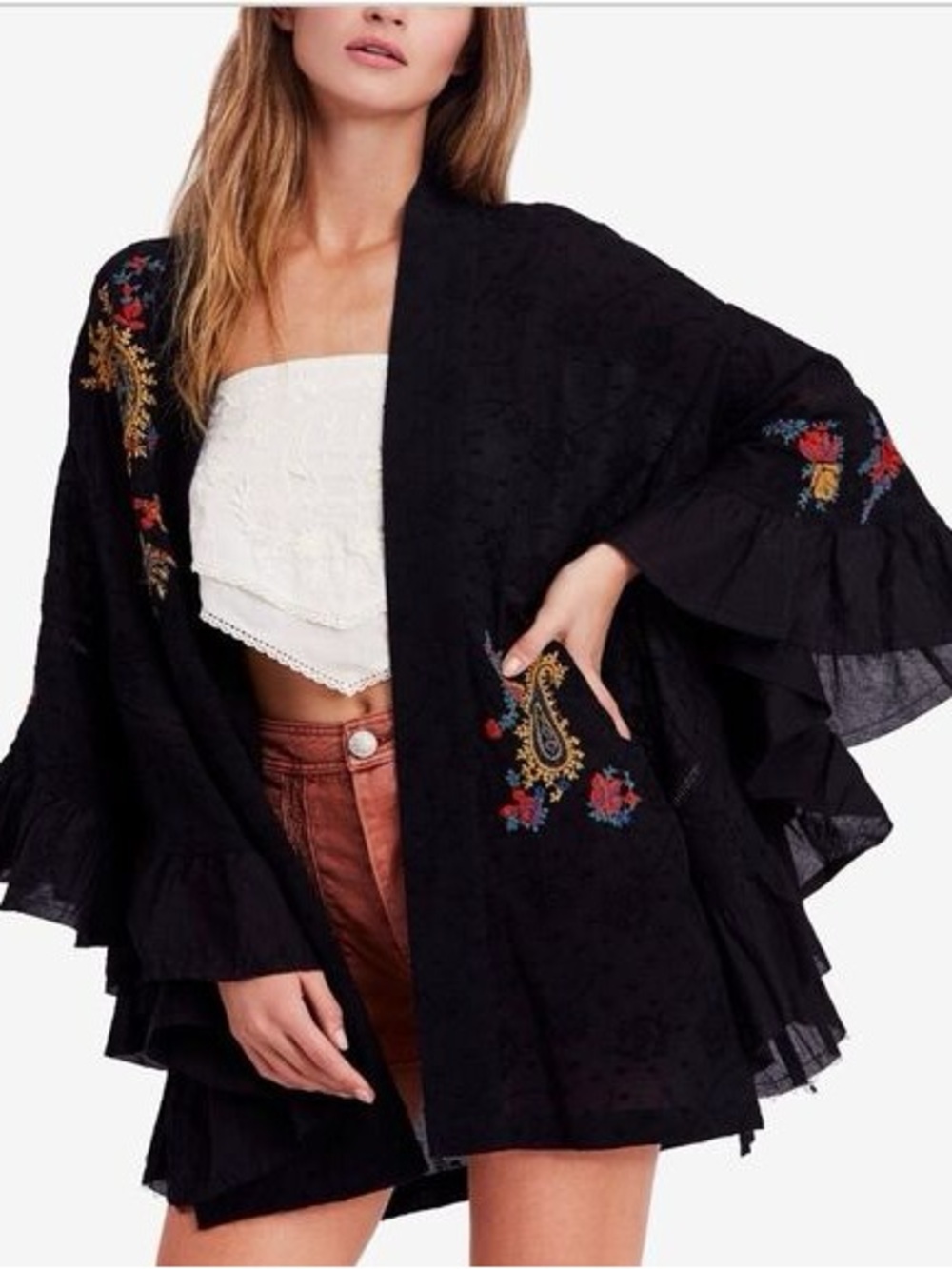 Free People Dottie West Kimono Jacket-Black-XS/S